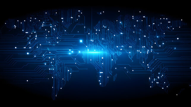 Abstract digital world map on a dark blue background, featuring glowing lines and data points representing global connections and futuristic technology.
