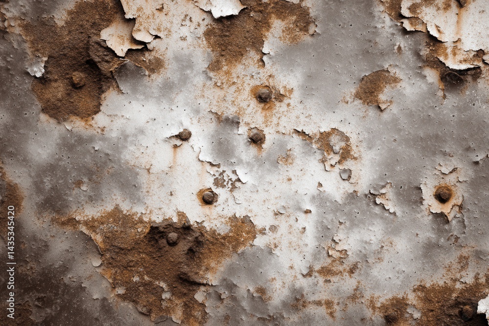 Poster weathered metal surface with peeling paint and rust creating a textured abstract pattern revealing a
