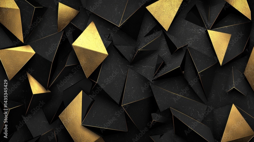 Poster a 3d rendering of a black and gold geometric pattern.