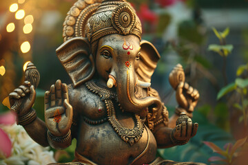 Fototapeta premium Bright holiday composition for happy Ganesh Chaturthi, abstract vivid composition consists of fictional unreal fantastic vision on background