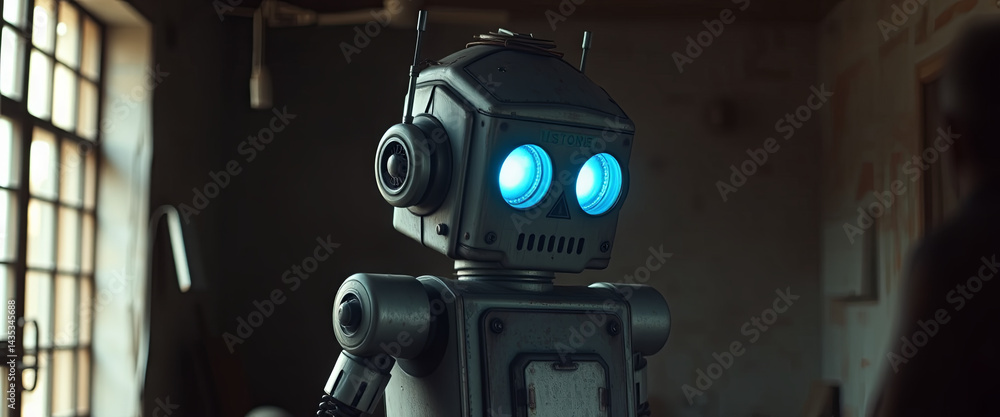 Poster a metallic robot with bright blue eyes is positioned in an old workshop filled with shadows. the atm