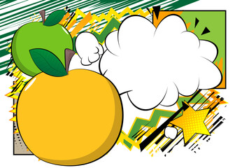 Cartoon Apple with blank speech bubble, comic book Fruit background. Retro vector comics pop art design.