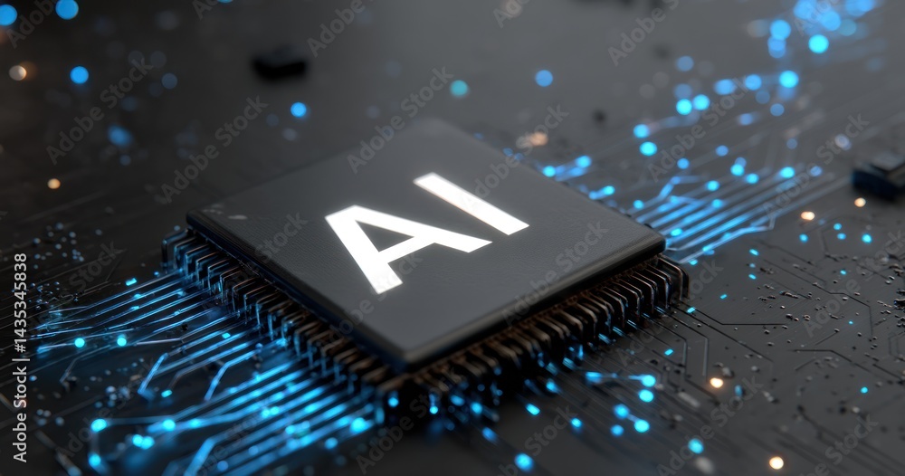 Poster close-up of an ai microchip on a circuit board with blue light effects, symbolizing artificial intel