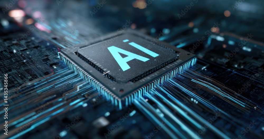 Poster close-up of a microprocessor with ai branding, showcasing advanced technology and digital innovation