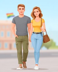 Happy Gay Couple Holding Hands, Walking Together, LGBTQ+ Pride
