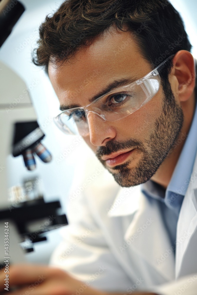 Poster focused scientist in lab coat examining sample through microscope in a research laboratory with safe