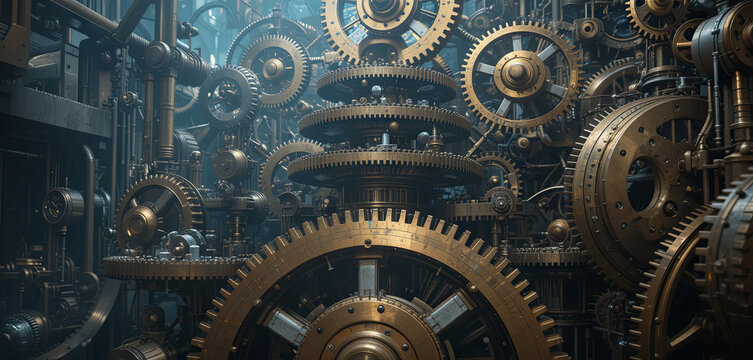 This artwork features a complex assembly of interlocking gears and cogs in a vintage machinery environment. The warm bronze tones reflect a rich industrial heritage, highlighting craftsmanship