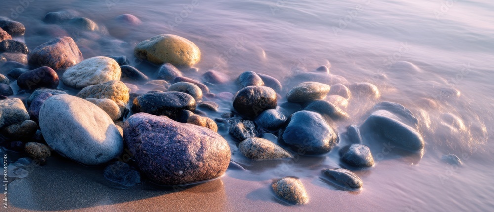 Poster serene beach scene featuring smooth stones washed by gentle waves creating a peaceful and calming at