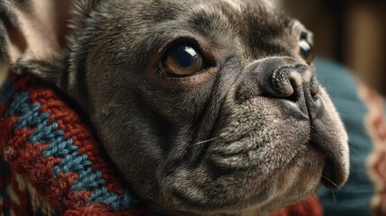 Dog cardigan studio concept. A close-up of a French Bulldog wearing a cozy sweater, showcasing its expressive face and soulful eyes.