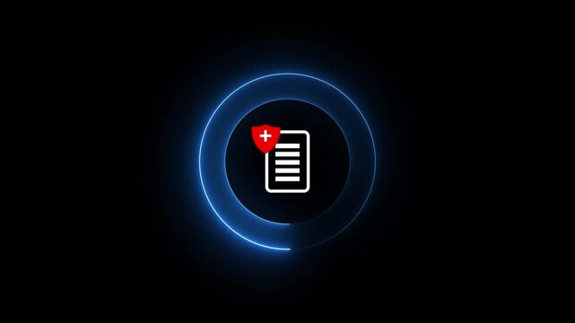 Glowing neon Health insurance icon animation. Health symbol with file document concept with dark background. history or report icon isolated . Patient report card Isolated animation