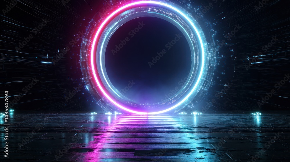 Poster futuristic portal with neon lights illuminating a dark space, creating a captivating visual effect.