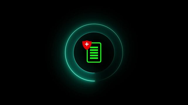 Glowing neon Health insurance icon animation. Health symbol with file document concept with dark background. history or report icon isolated . Patient report card Isolated animation