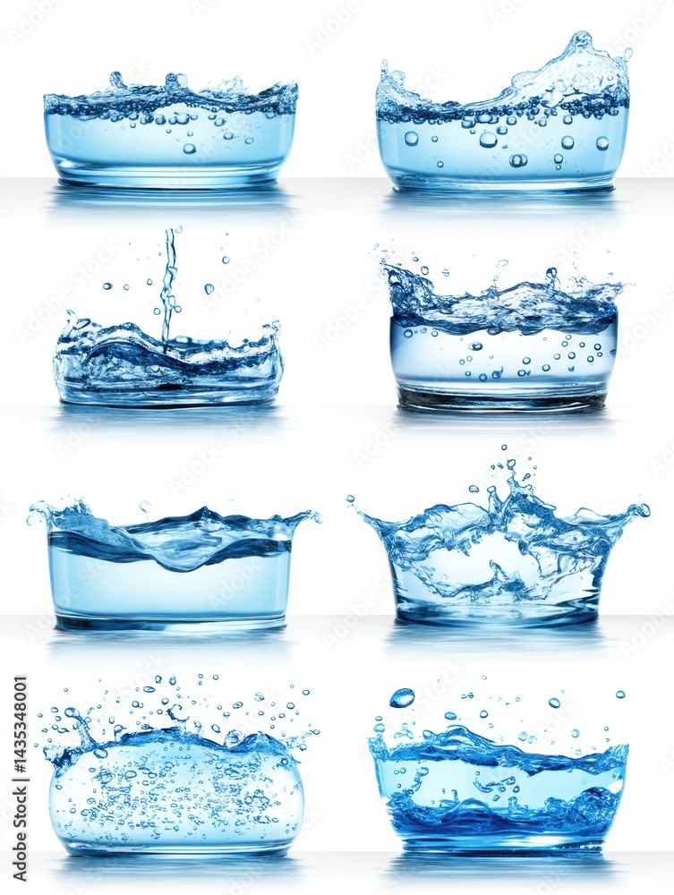 Poster captivating collection of dynamic water splashes in transparent glass containers against a pristine 