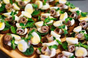 A beautifully arranged platter of canapés featuring boiled egg slices, anchovy rolls, and fresh herbs on small bread rounds, perfect for a sophisticated event or gathering