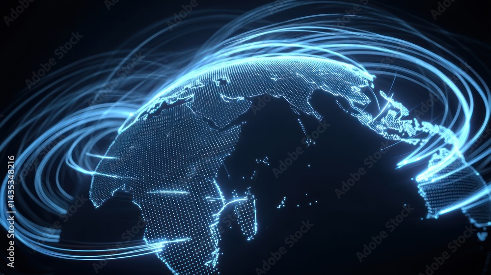 Poster illuminated globe with dynamic connectivity lines representing global communication and technology.