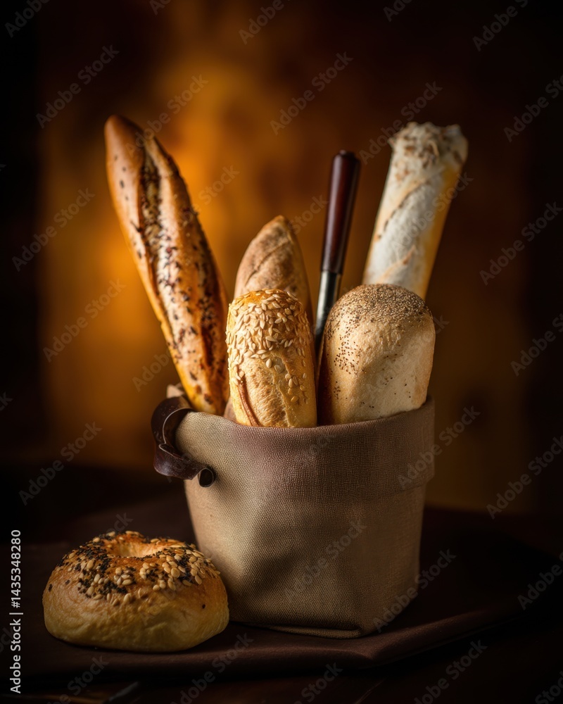 Poster artisan breads in a rustic basket with a bagel on a brown cloth creating a warm and inviting atmosph