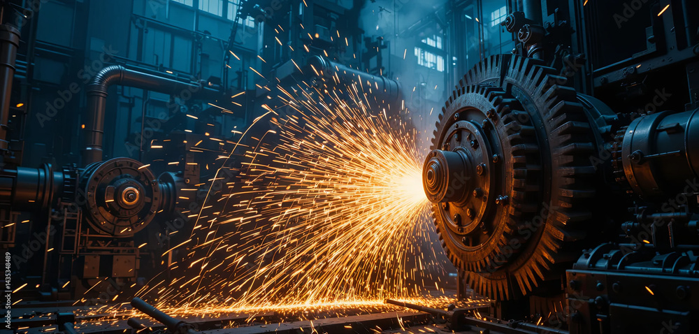 Poster high-powered machinery operates in a factory at night, generating bright sparks as it shapes metal. 