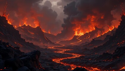 Obraz premium Fiery Inferno: A Volcanic Landscape of Molten Rivers