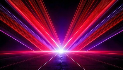 Vibrant red and purple laser beams converging on a futuristic dark stage