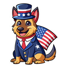 German Shepherd Dog Wear USA Top Hat, 4th of July patriotic American flag, Cartoon Clipart Vector illustration, Independence day themed Mascot Logo Character Design, presidential election