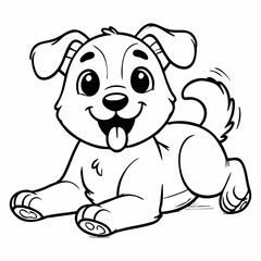 A cartoon dog outline lying down and wagging its tail is great for coloring books.