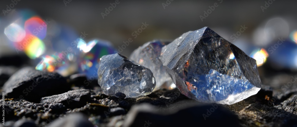 Poster captivating close up of raw quartz crystal on dark rock surface with subtle rainbow light reflection