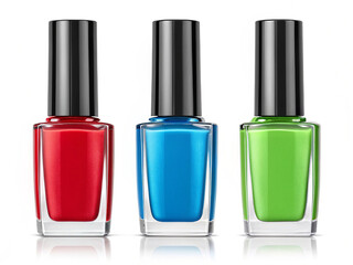 Set of three nail polish bottles in bold colors isolated on transparent background