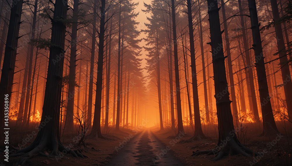 Poster a narrow path cuts through a dense forest, with tall trees rising on either side. an ethereal orange
