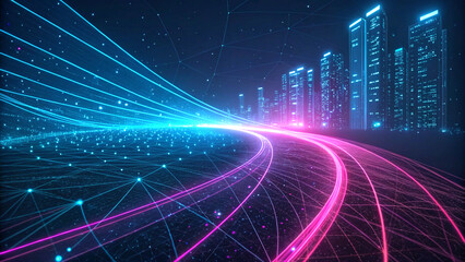 Futuristic neon glowing highway leading to modern city skyline at night, high-speed technology and smart city concept background
