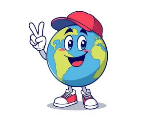 Fototapeta premium Cartoon earth character with a red cap, sneakers, and making a peace sign on a white background