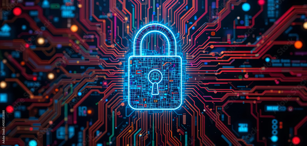 Poster a glowing digital lock symbol is displayed against a vibrant circuit board background. the intricate