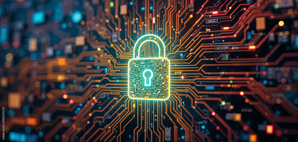 Poster a digital lock icon is illuminated against a complex circuit board background. the intricate lines s
