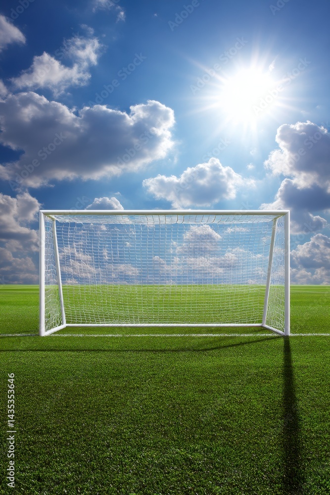 Aufkleber serene soccer field under bright sky featuring a goalpost with net on green grass pitch with clouds 