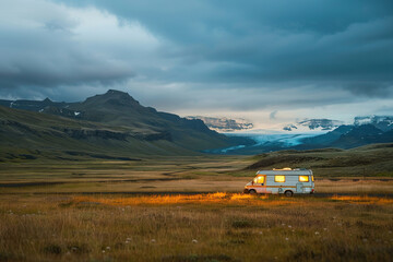 Holiday trip on large family motorhome for holiday in beautiful natural nature, abstract vivid composition consists of fictional unreal fantastic vision on background