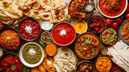 A vibrant spread of Indian cuisine, featuring curries, breads, and various side dishes