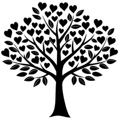 Black love tree with heart leaves hand draw Valentine tree silhouette