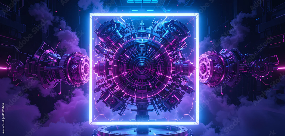 Poster a stunning display of a high-tech machine featuring neon blue and pink lights. the complex structure