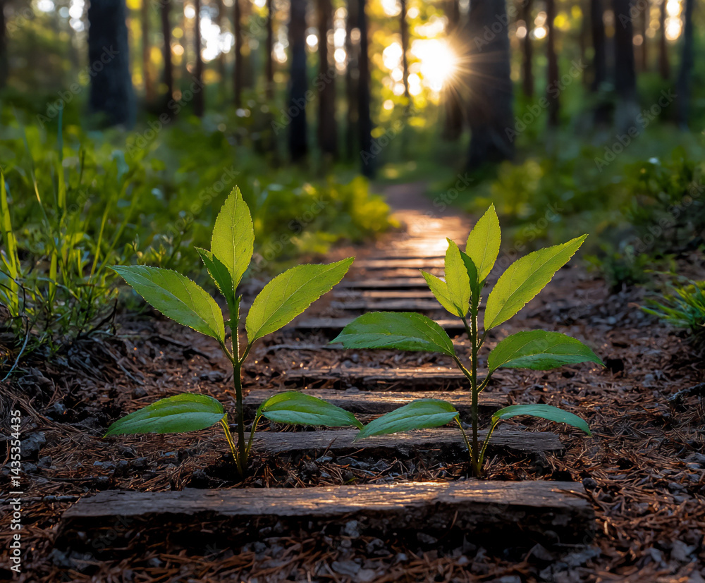 Poster ethereal forest path with dappled sunlight filtering through the leaves, soft focus