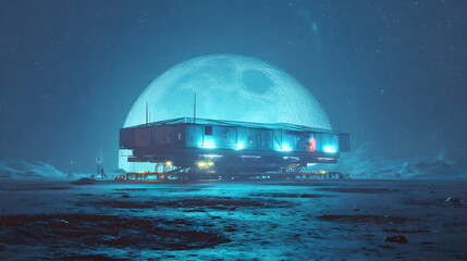 Obraz premium Ethereal lunar outpost featuring futuristic architecture under a giant moonlit sky landscape scene