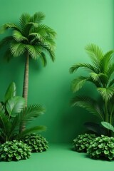 Obraz premium Lush Tropical Foliage Against a Vibrant Emerald Green Background, Ideal for Nature-Themed Designs and Projects