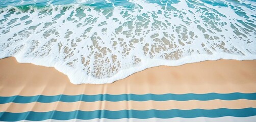 Obraz premium Ocean waves wash over striped beach blanket, creating ethereal double exposure, vacation, abstract