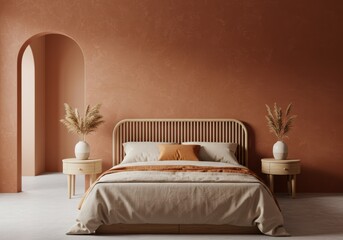 A stylish bedroom interior with a wooden bed frame and earthy tone color palette.