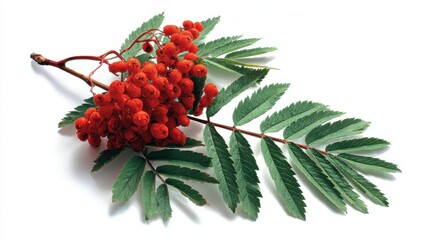 Vibrant rowan branch with bright red berries and green leaves on a clean white background studio shot showcasing botanical beauty and natural freshness for stock photography