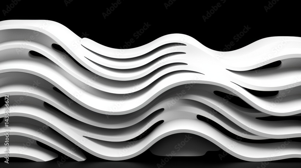 Poster a 3d rendering of a series of curved, white, abstract shapes.