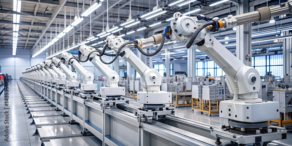 Poster advanced robotic arms are actively assembling components on a streamlined production line in a spaci