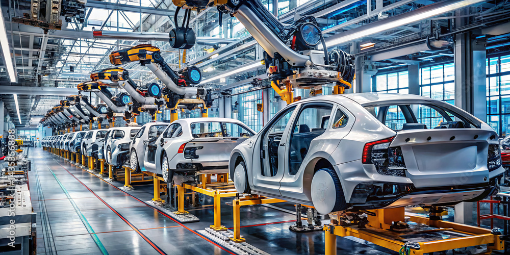 Poster an advanced manufacturing facility features an assembly line where several vehicles are actively bei