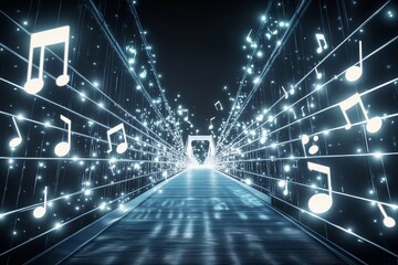 Musical bridge illuminated with shining notes creating a harmonious atmosphere at night