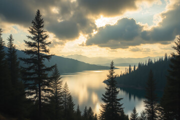Fototapeta premium misty lake in the middle of a forest with trees in the background