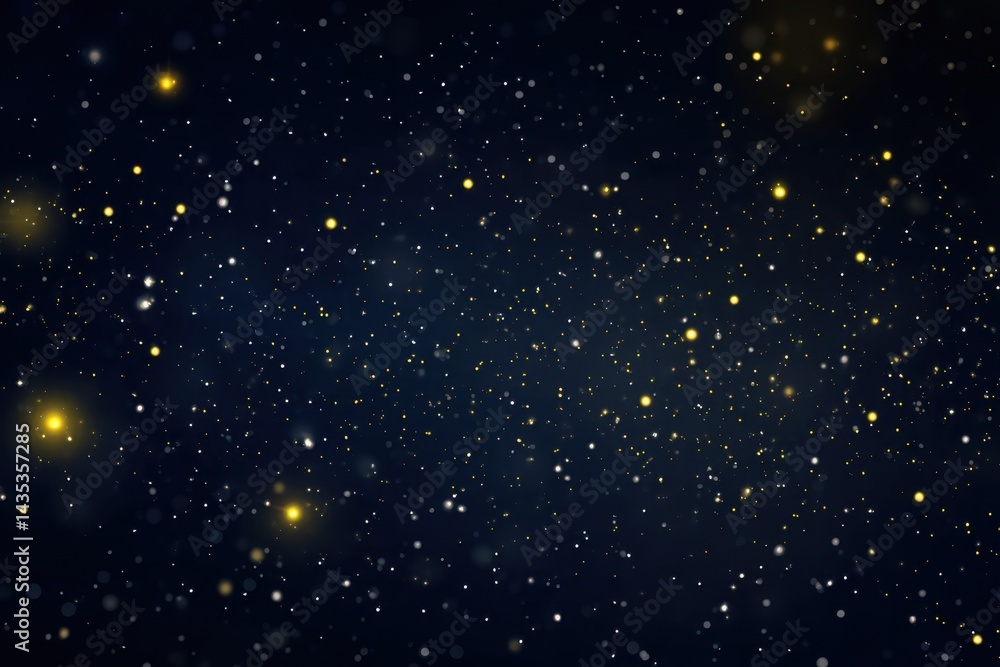 Poster ethereal cosmic dust cloud with sparkling golden particles floating in the dark blue space backgroun