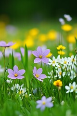 Fototapeta premium Vibrant Spring Meadow Wildflowers Blooming in Lush Green Grass